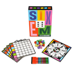 Sixem dice pieces spread out, ready for quick rounds and strategic play.