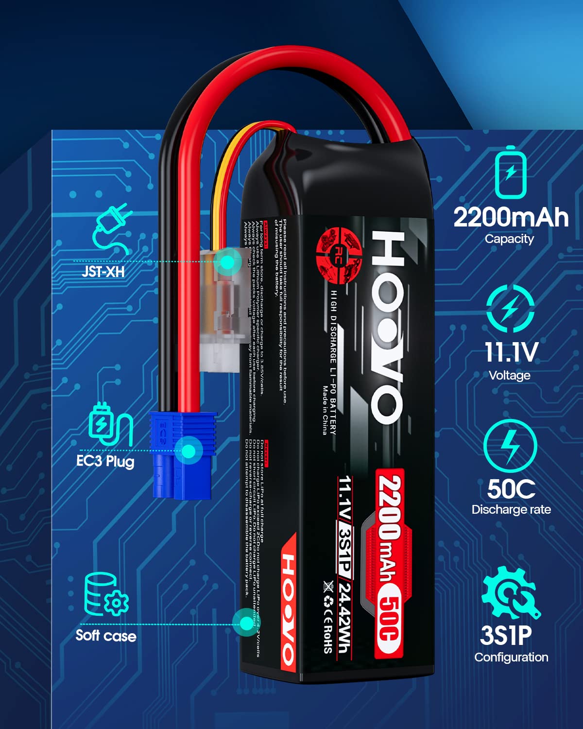 HOOVO 3S 2200mAh battery side view for tight builds