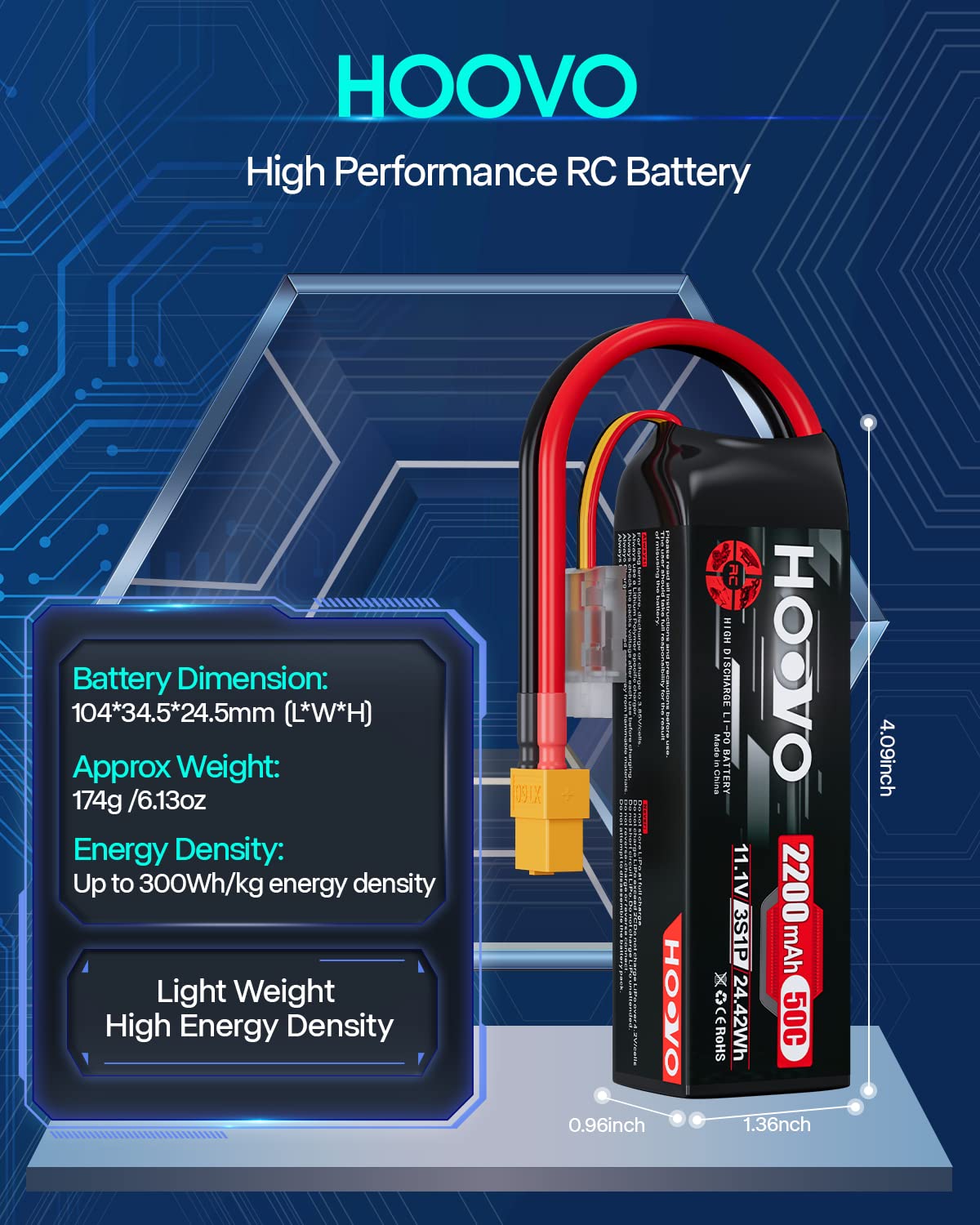HOOVO 3S battery dimensions 104x34.5x24.5 mm fit for compact quads.