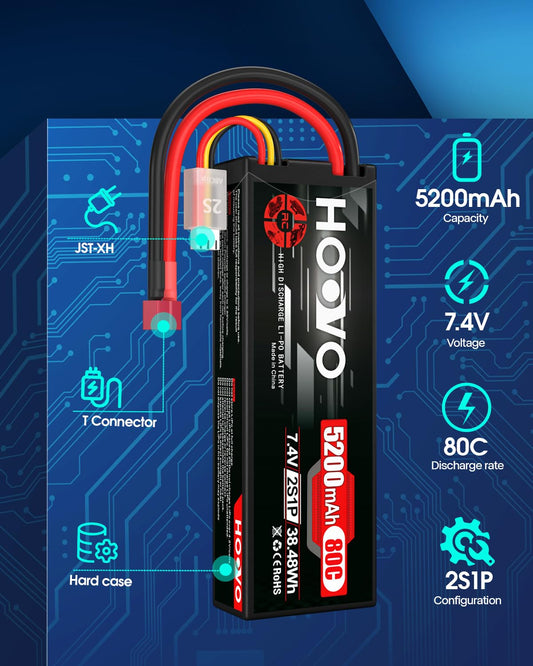 HOOVO 7.4V 5200mAh RC battery in a secure double-pack for longer sessions.
