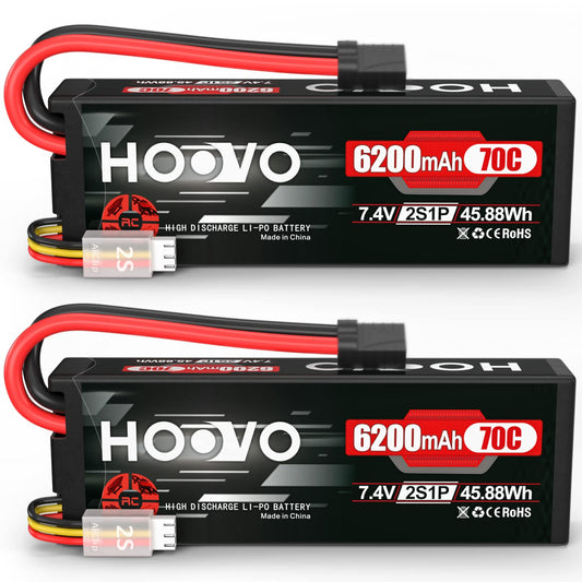 HOOVO 7.4V 6200mAh battery in top view with Tracxas plug for longer RC runs
