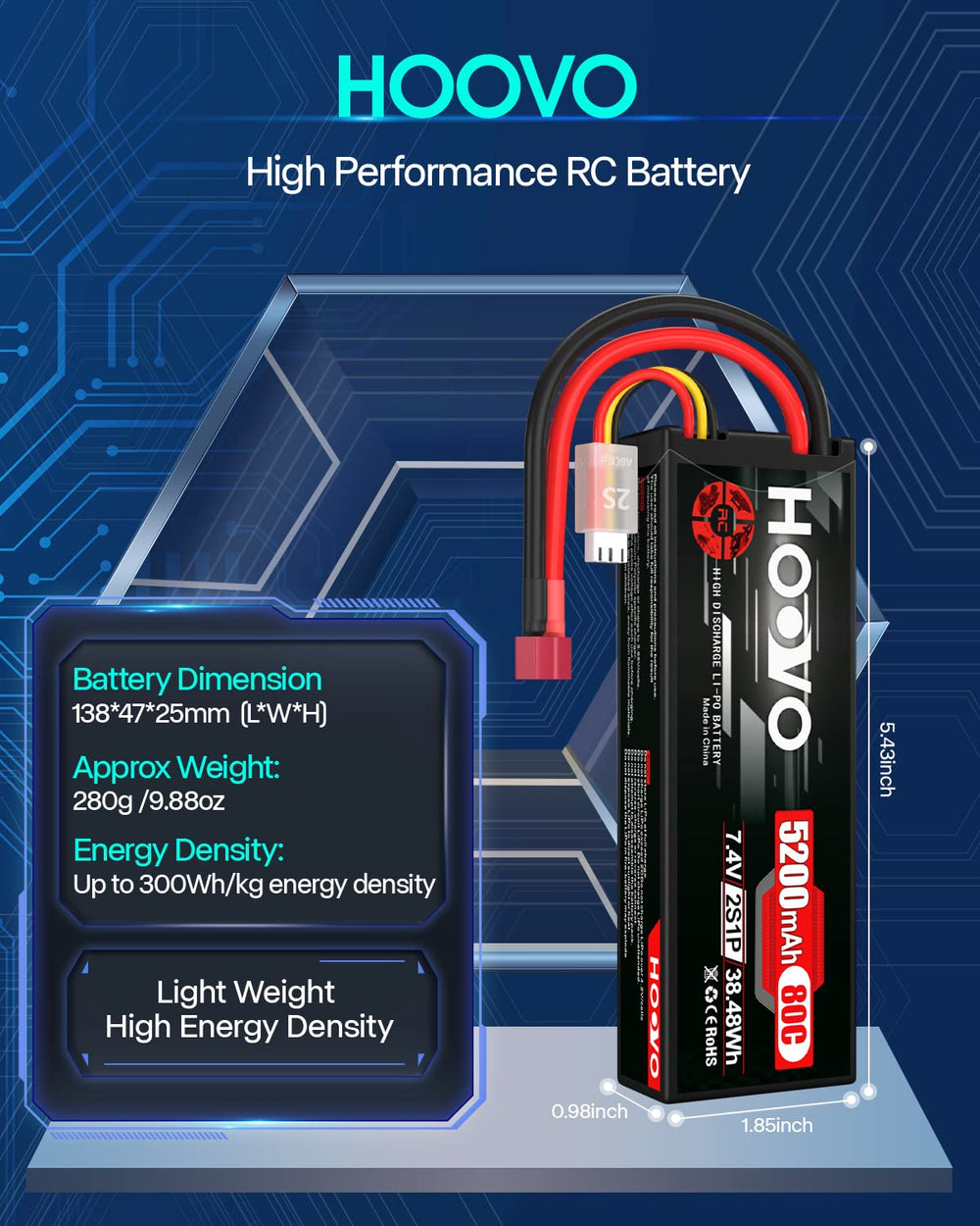 HOOVO 80C discharge rating supports high-speed RC vehicles with stable power.