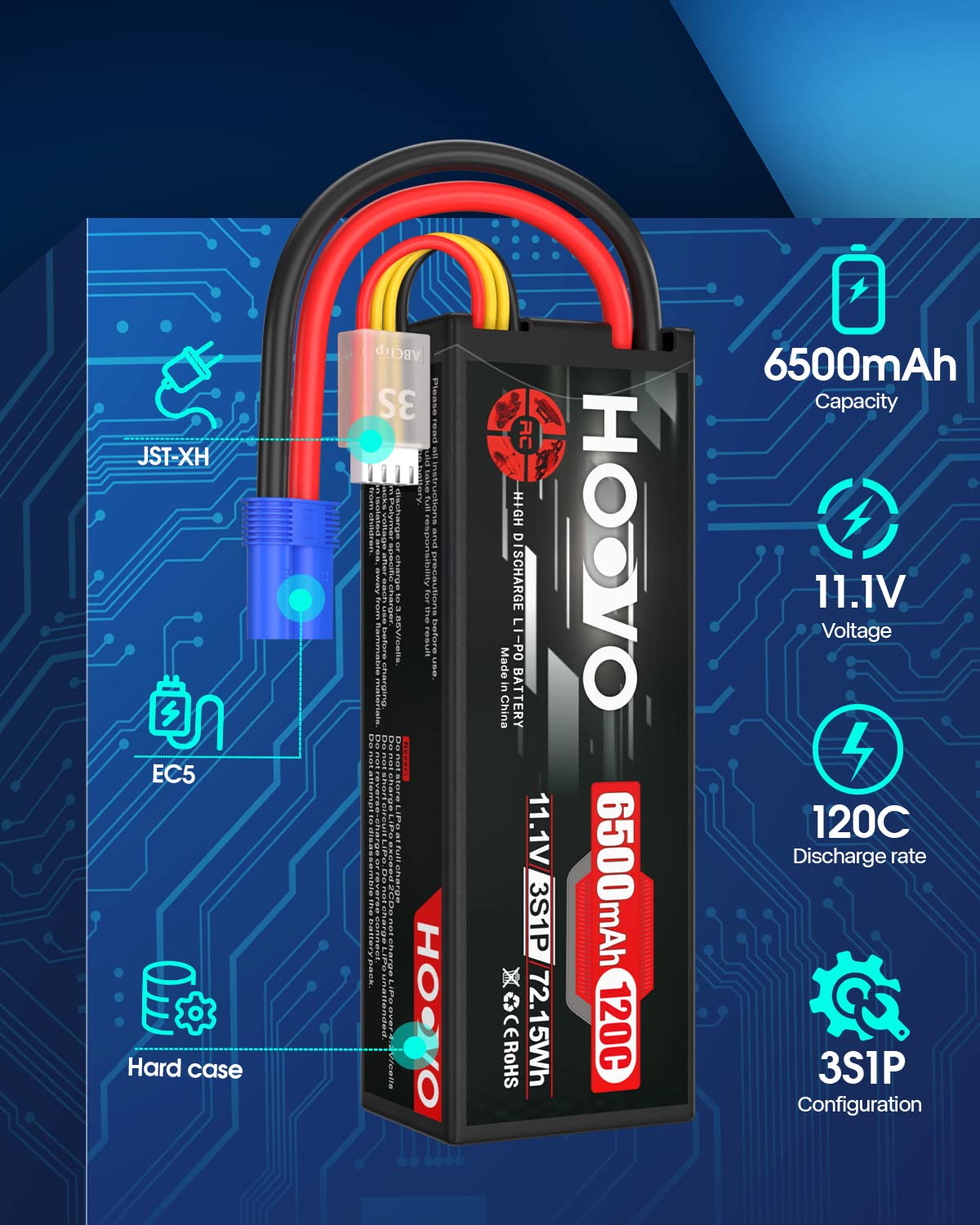 HOOVO battery dimensions 139x47x37mm highlighting compact size