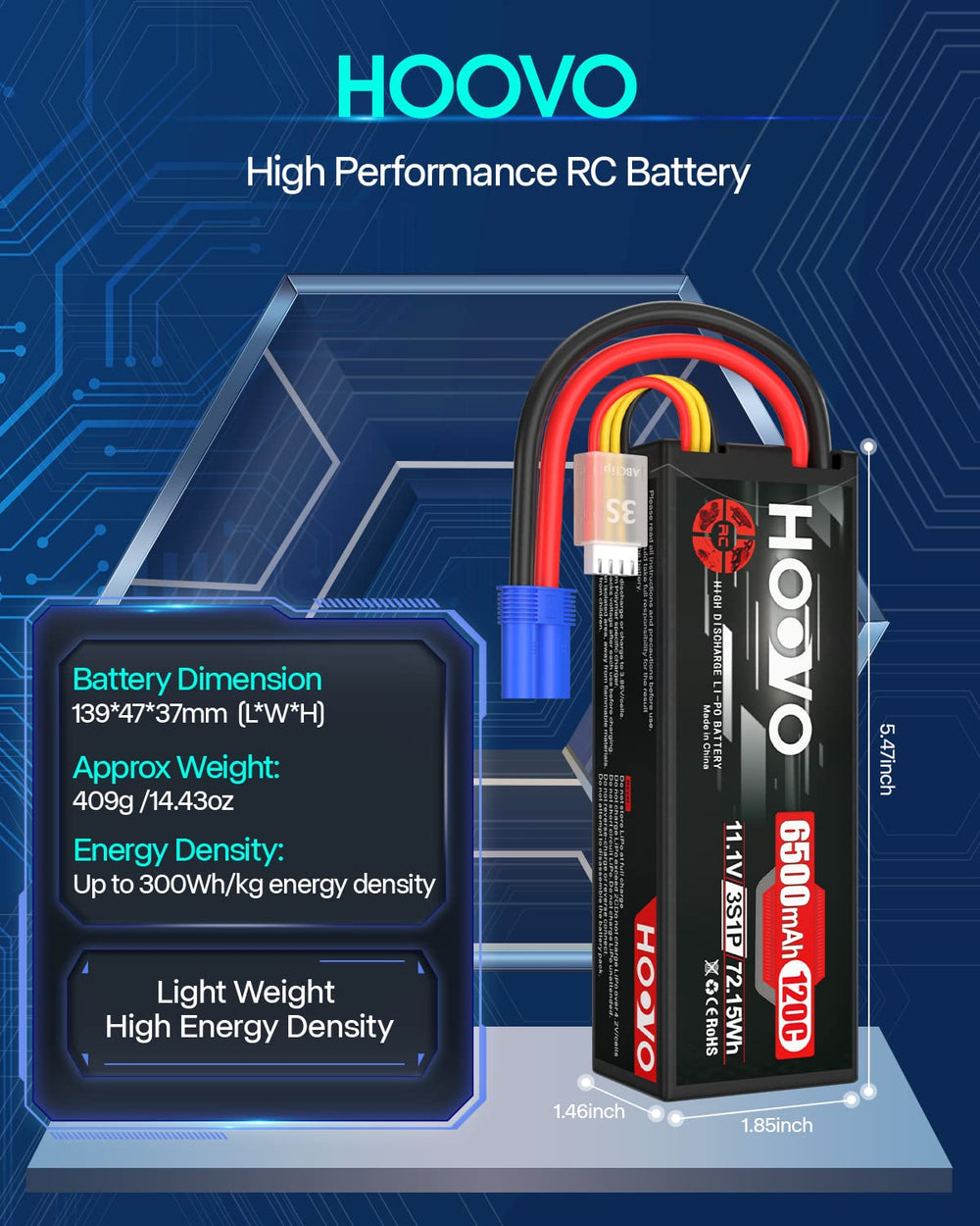 HOOVO battery weight 409g shown for balanced power delivery