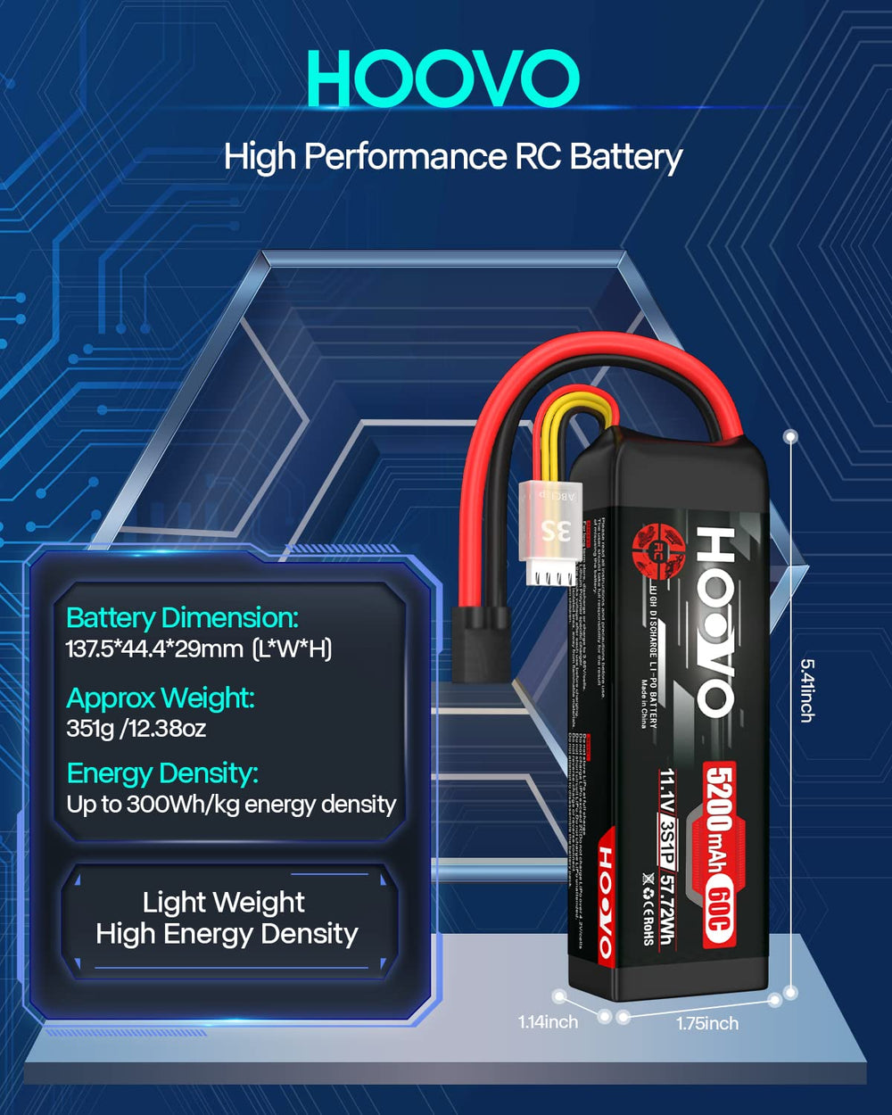 HOOVO battery dimensions shown for precise fit in RC models