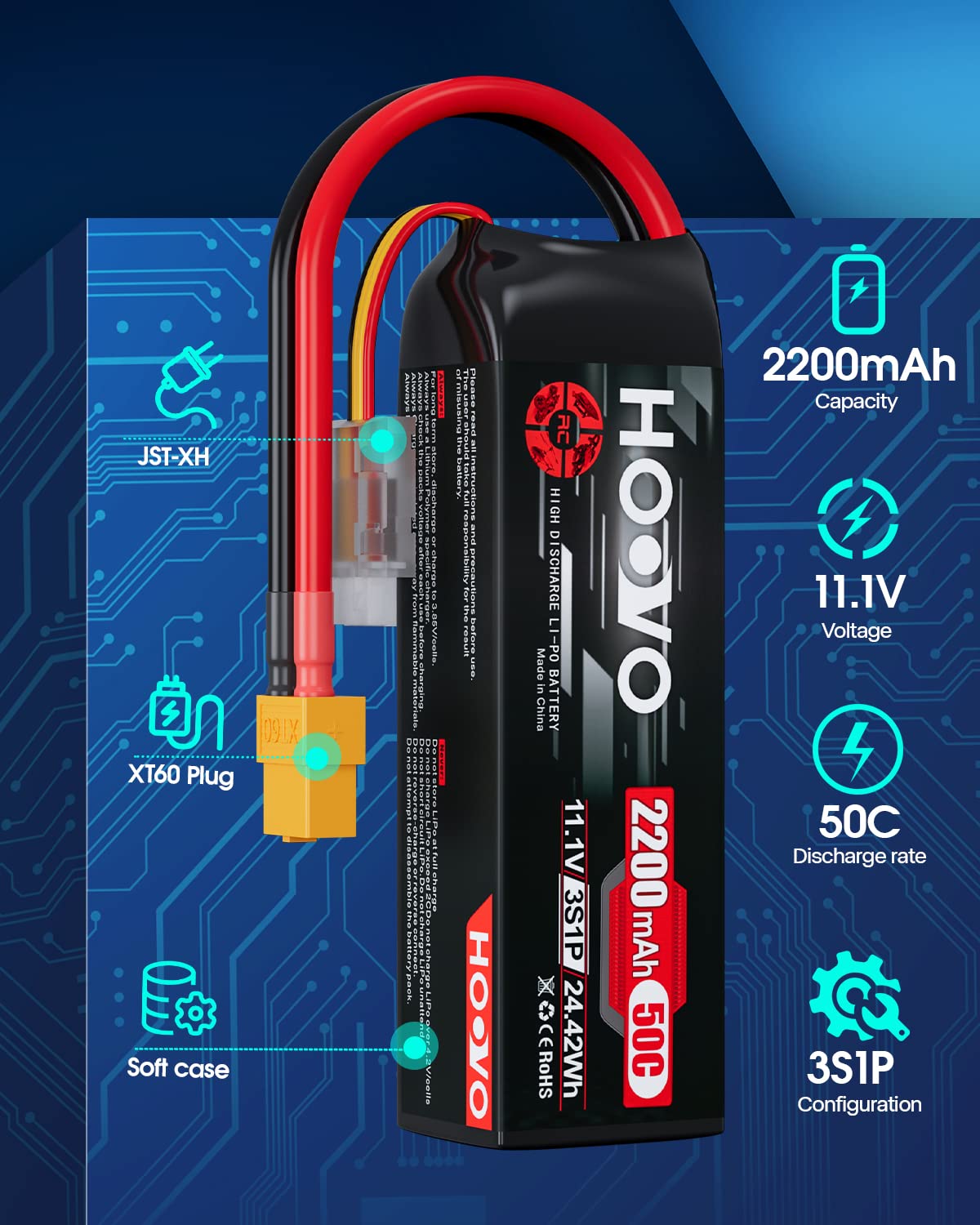 HOOVO XT60 connector detail highlights reliable power delivery for RC aircraft.