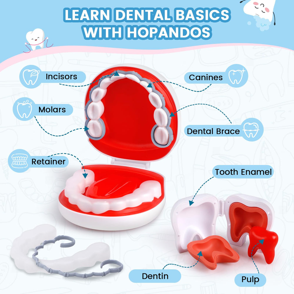 Hopandos dentist play set showcases adjustable lab coat for age-appropriate pretend medical adventures.