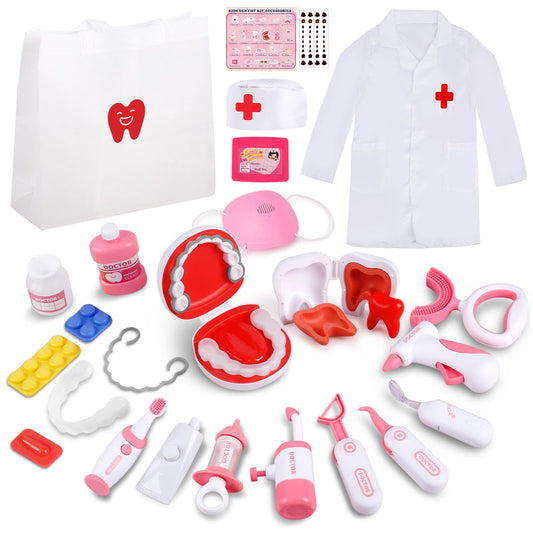 Hopandos dentist play set with teeth-cleaning tools enhances imaginative dental care practice for kids.