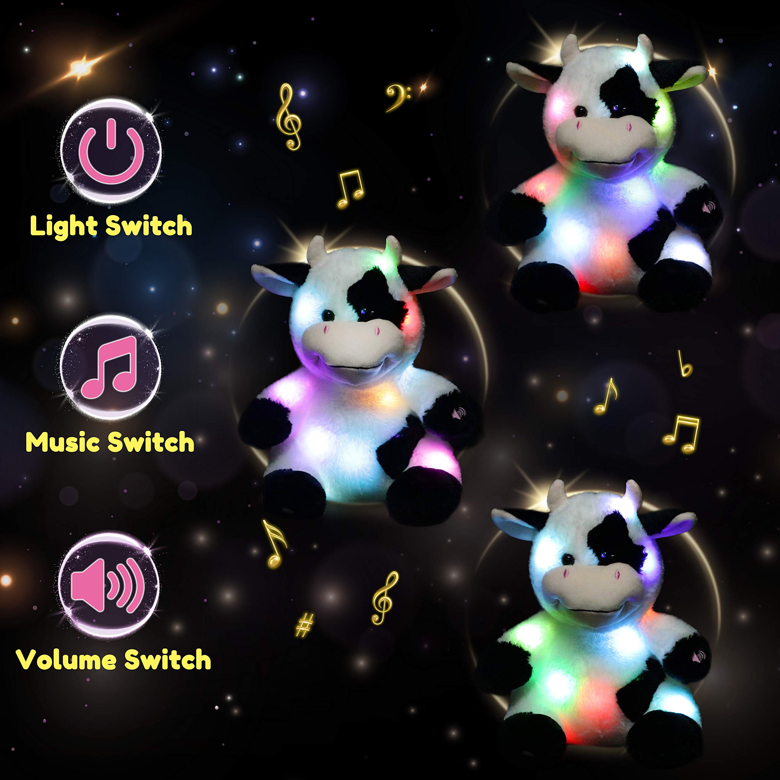 Hopearl LED musical cow has adjustable volume controls for quiet or lively play.