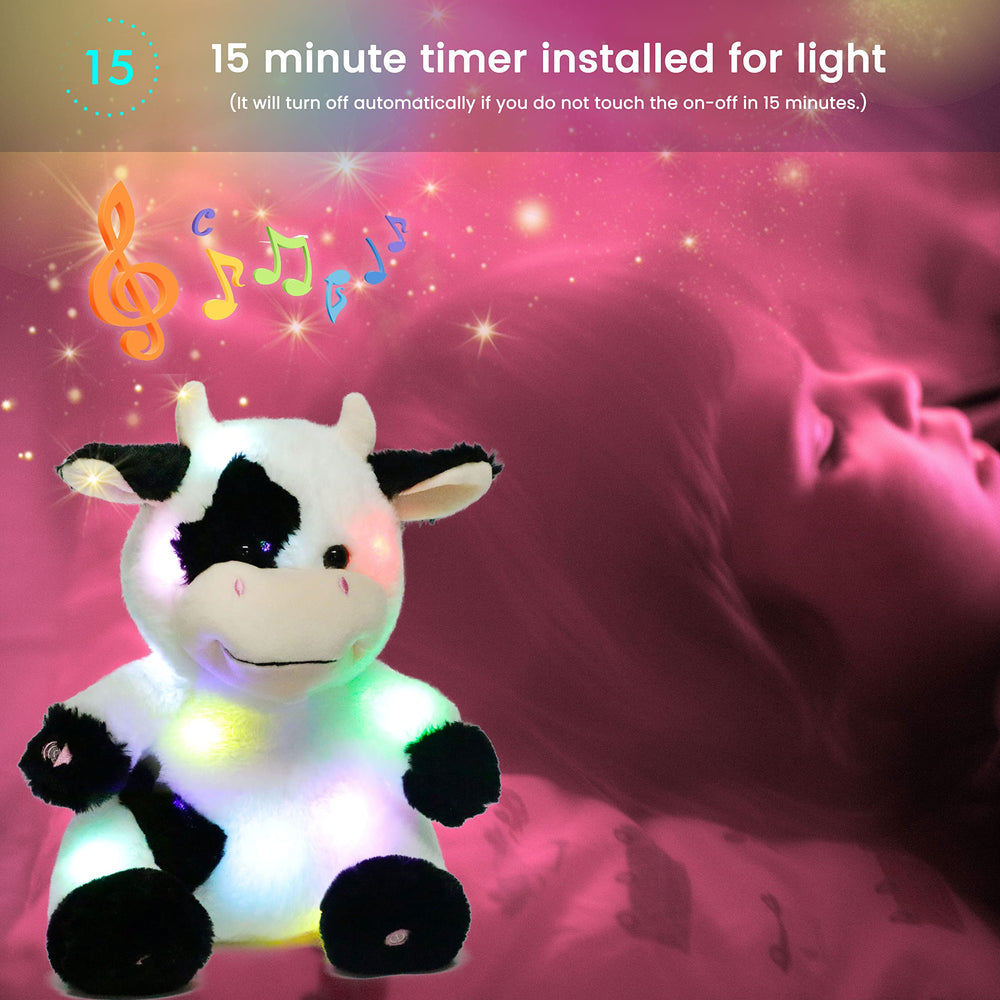 Hopearl LED musical cow being hugged by a child for comfort.