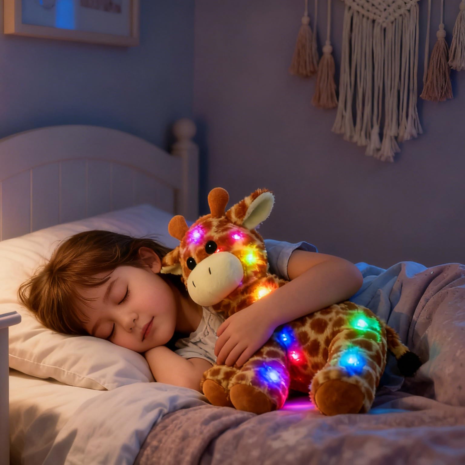 Hopearl giraffe plush toy with battery-operated LED lights for play and glow.