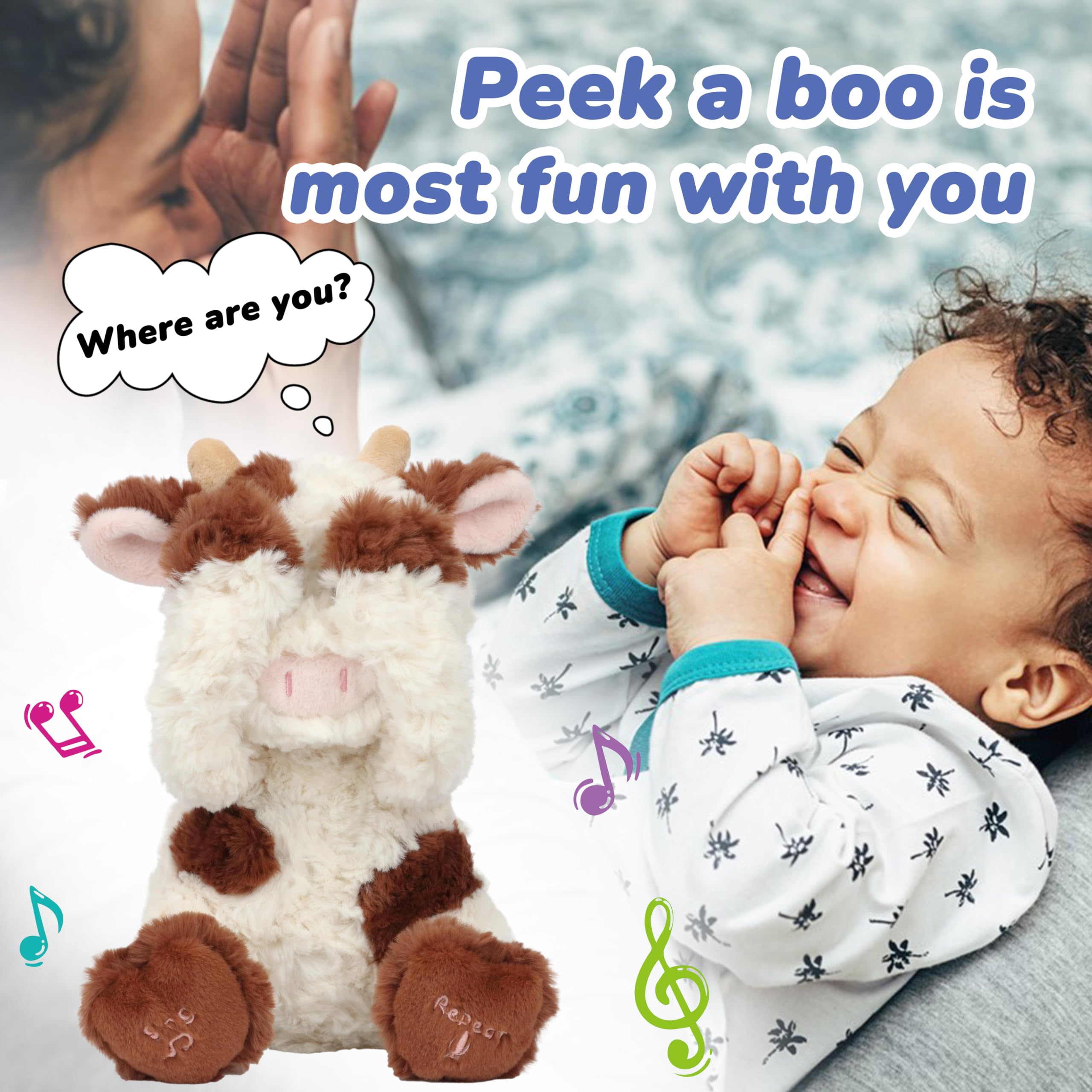 Hopearl Peek A Boo Cow hand motions accompany singing for engaging play.