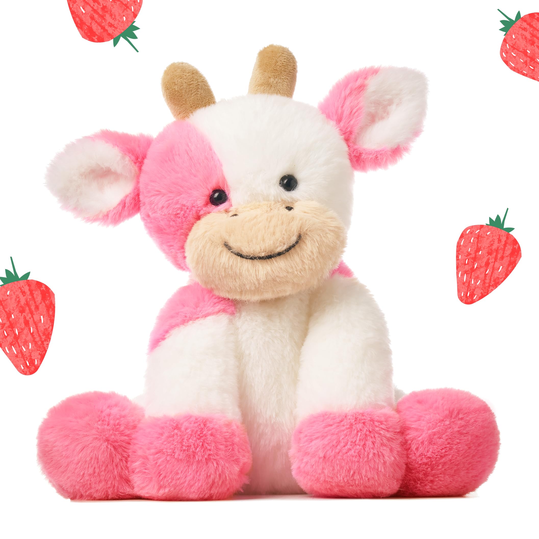 Hopearl plush cow toy in strawberry pink sits securely for steady play and hugs.