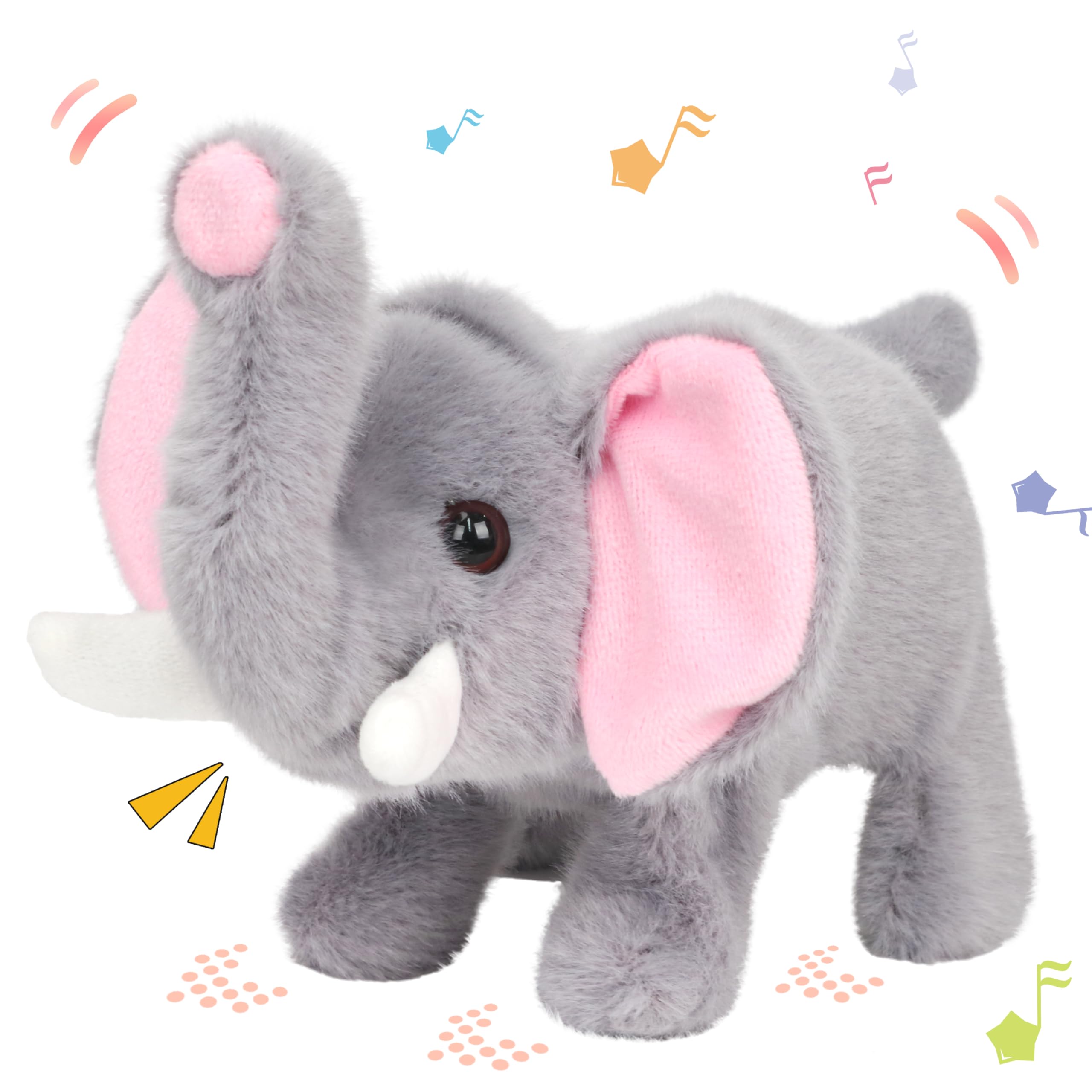 Hopearl walking elephant toy in gray, 9-inch size for toddlers.