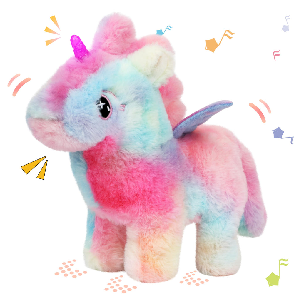Hopearl walking unicorn plush that moves, perfect for toddler play.