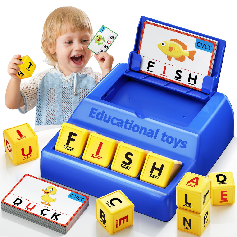 HOPEEYE Montessori Letter Game blue tray with enlarged surface for easy word matching.