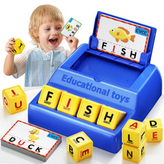 HOPEEYE Montessori Letter Game blue tray with enlarged surface for easy word matching.