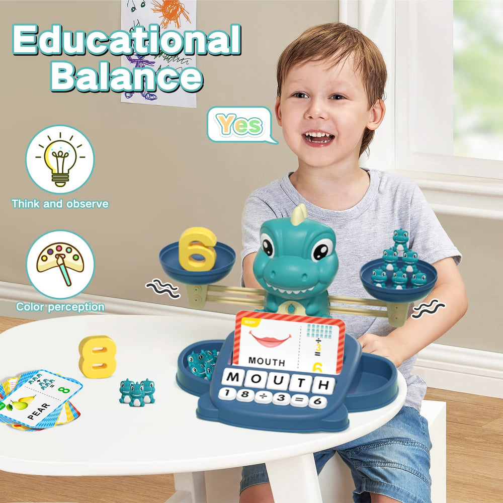 HOPEEYE colorful weights on the dinosaur balance encourage counting.