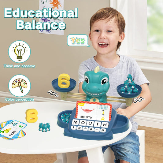HOPEEYE colorful weights on the dinosaur balance encourage counting.