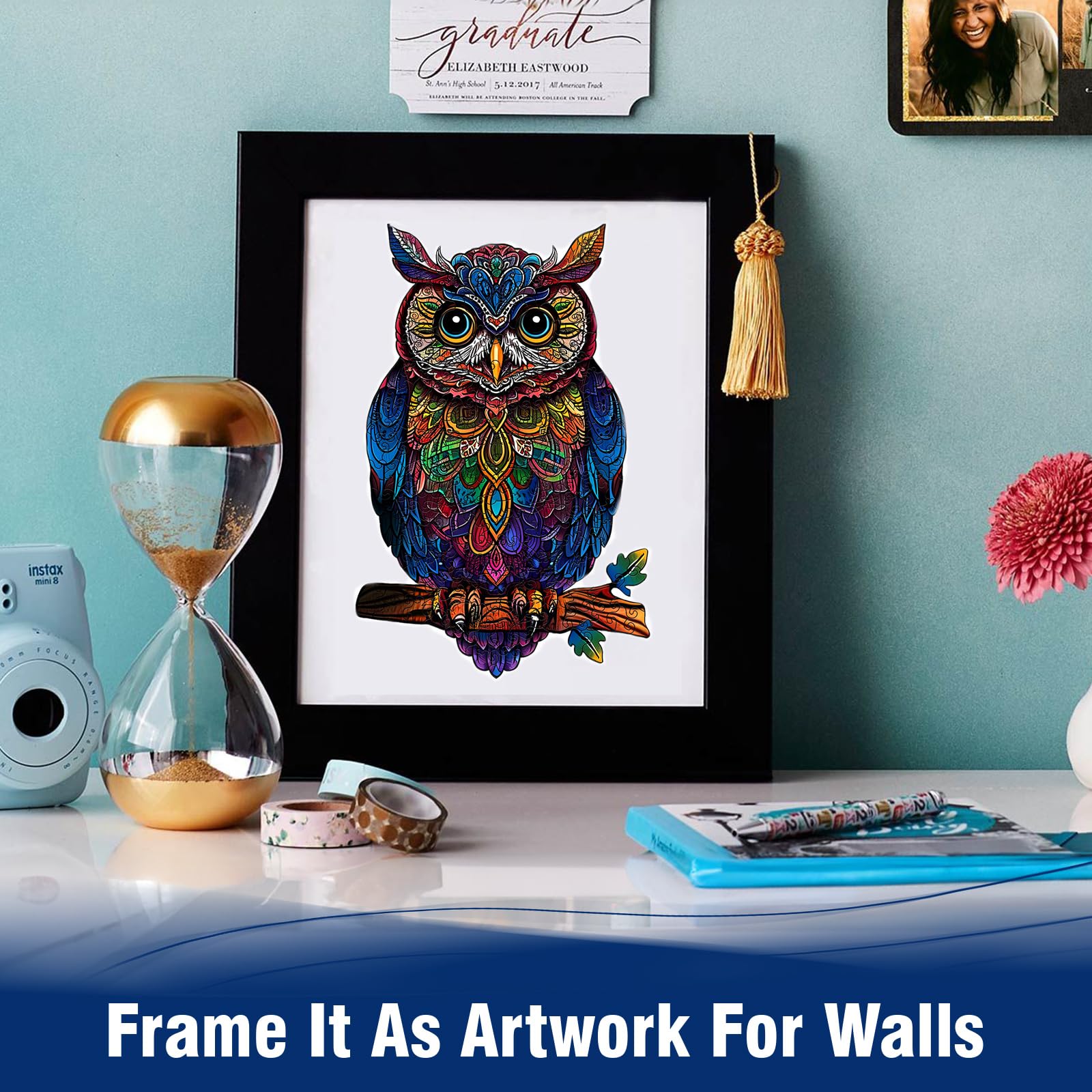 Hopelucr display with adhesive dots for wall or frame mounting