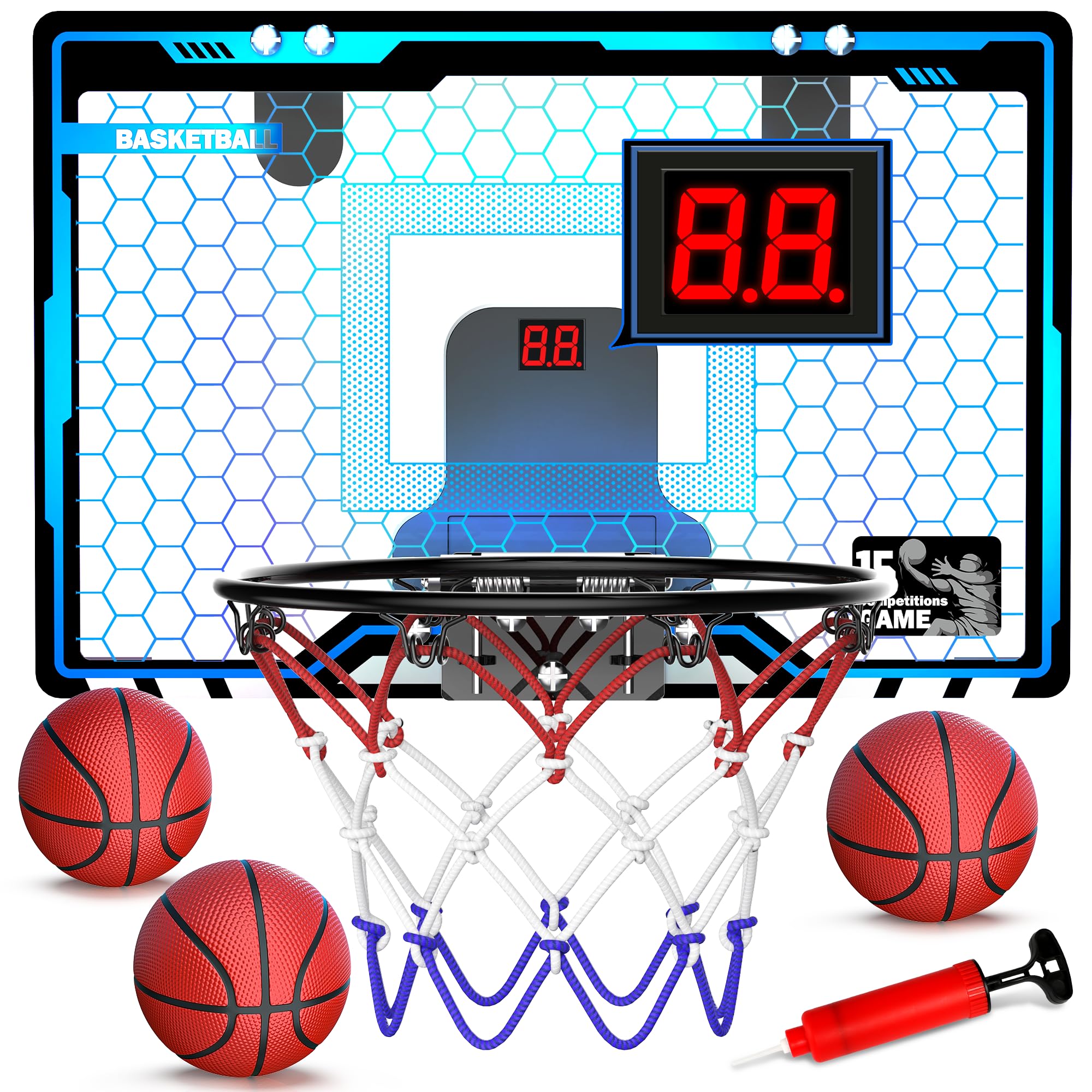 HopeRock over-the-door mini hoop with LED lighting enhances playtime and visual appeal.