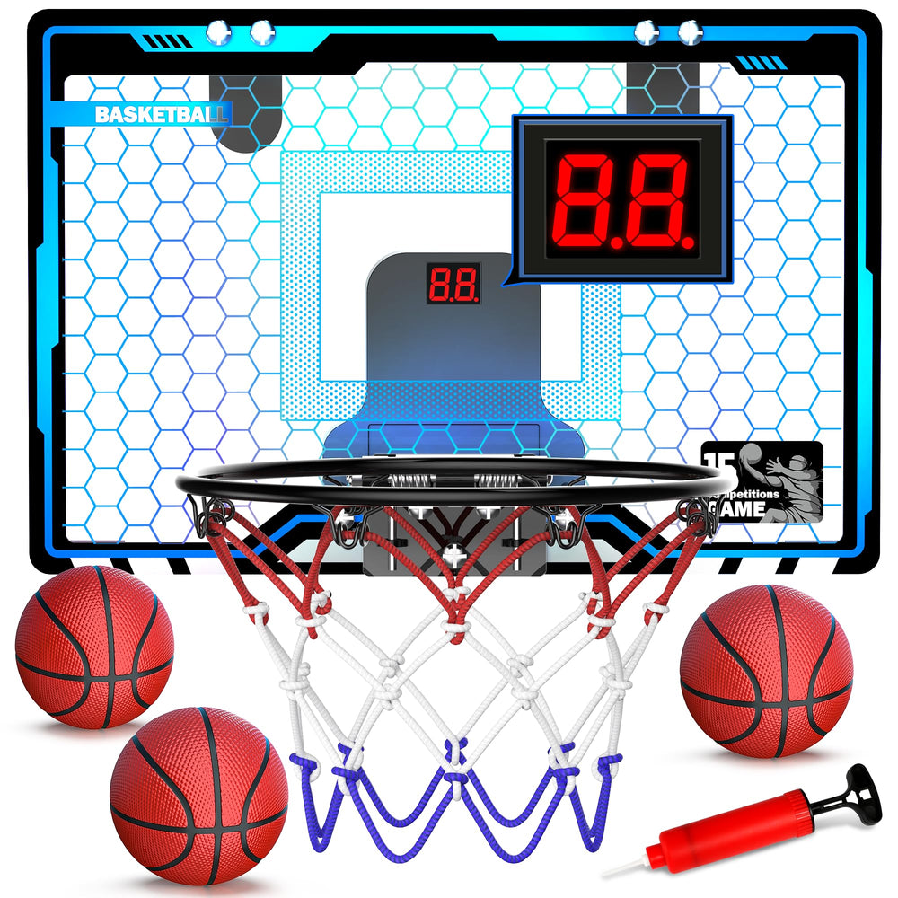 HopeRock over-the-door mini hoop with LED lighting enhances playtime and visual appeal.