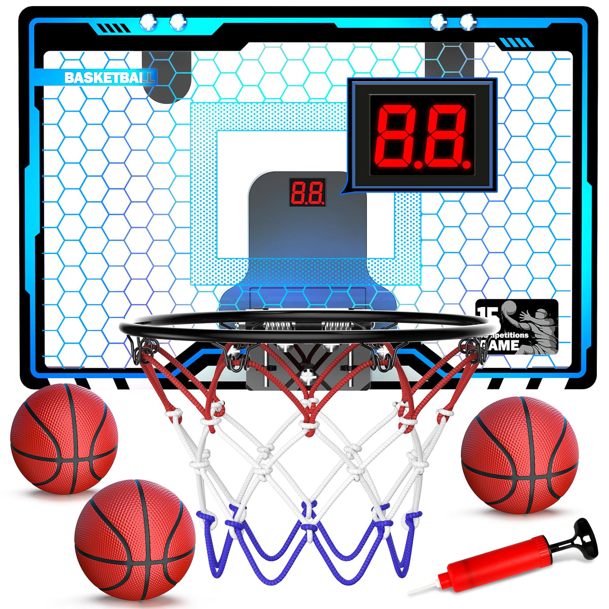HopeRock over-the-door mini hoop with LED lighting enhances playtime and visual appeal.