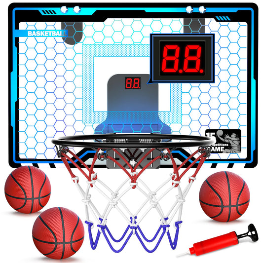 HopeRock over-the-door mini hoop with LED lighting enhances playtime and visual appeal.
