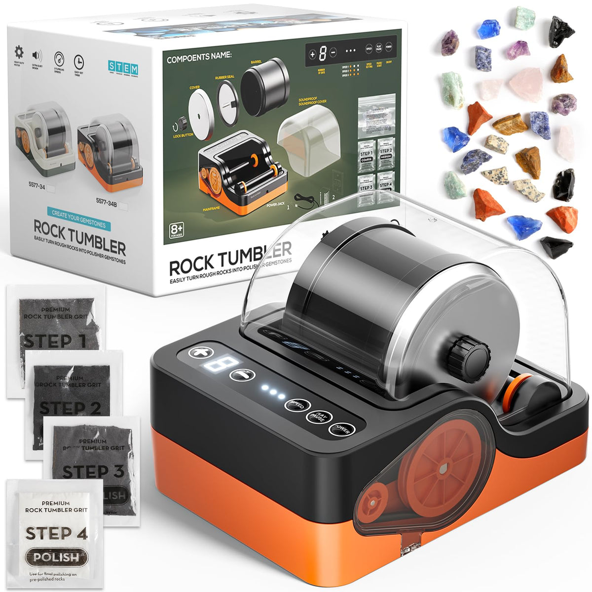 HopeRock Ultra Quiet Rock Tumbler Kit front view for indoor quiet polishing.