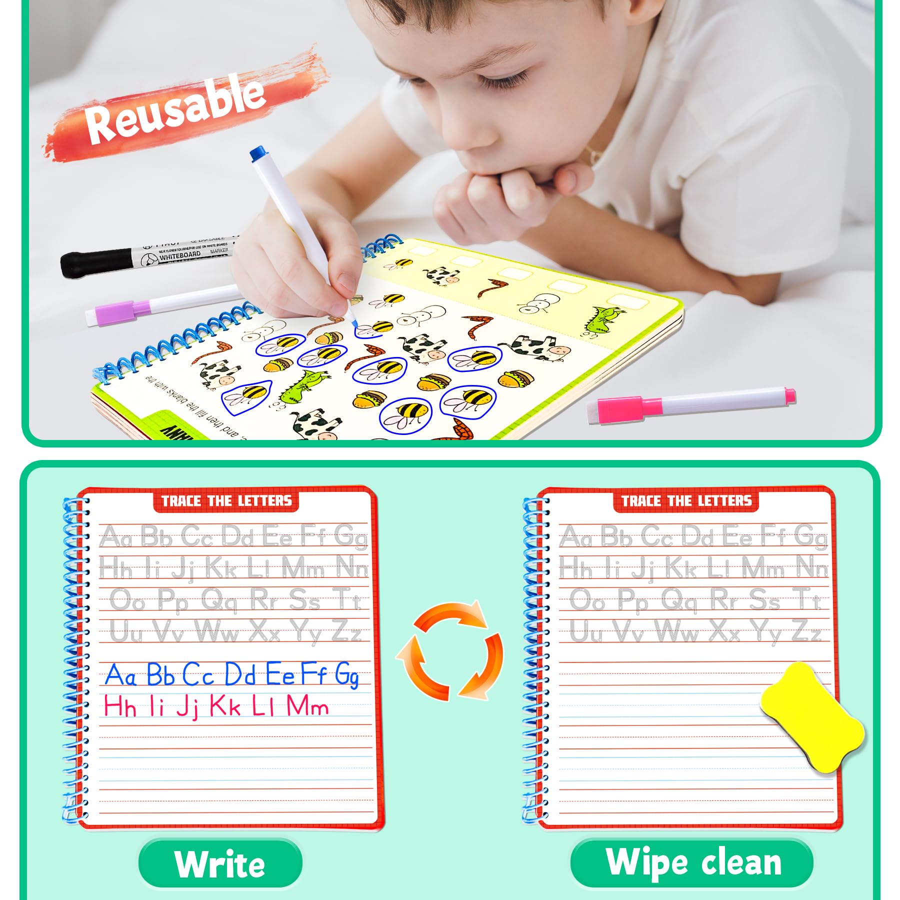 HOQEEWIPE preschool workbook with 40 pages supports structured skill-building