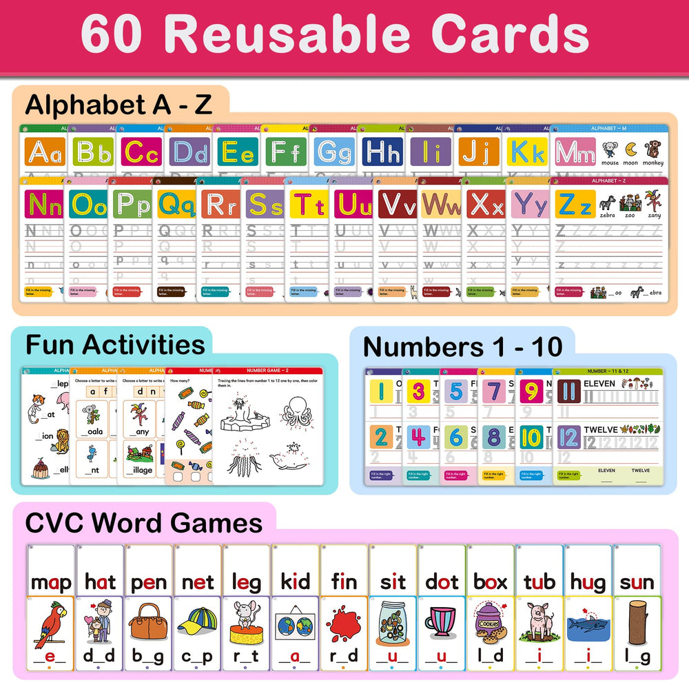 HOQEEWIPE flash cards for sight words and letters with colorful visuals.