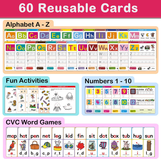 HOQEEWIPE flash cards for sight words and letters with colorful visuals.