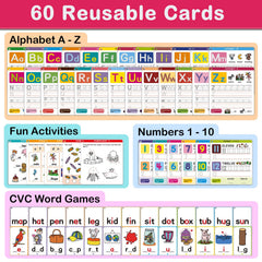 HOQEEWIPE flash cards for sight words and letters with colorful visuals.