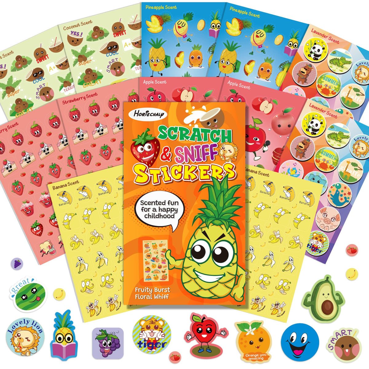HORIECHALY front packaging showing colorful fruit sticker sheets and scent benefit