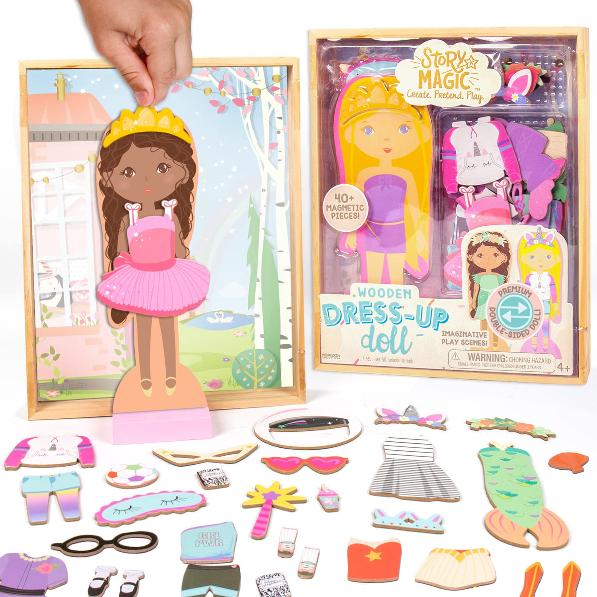 Horizon Story Magic wooden dress-up doll double-sided with magnetic outfits for creative play.
