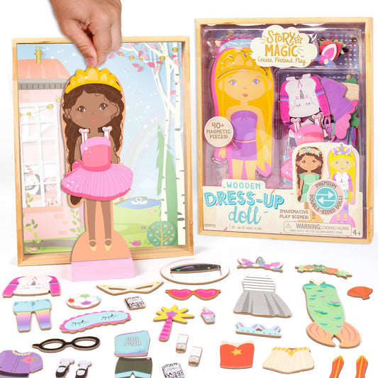 Horizon Story Magic wooden dress-up doll double-sided with magnetic outfits for creative play.