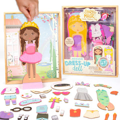 Horizon Story Magic wooden dress-up doll double-sided with magnetic outfits for creative play.