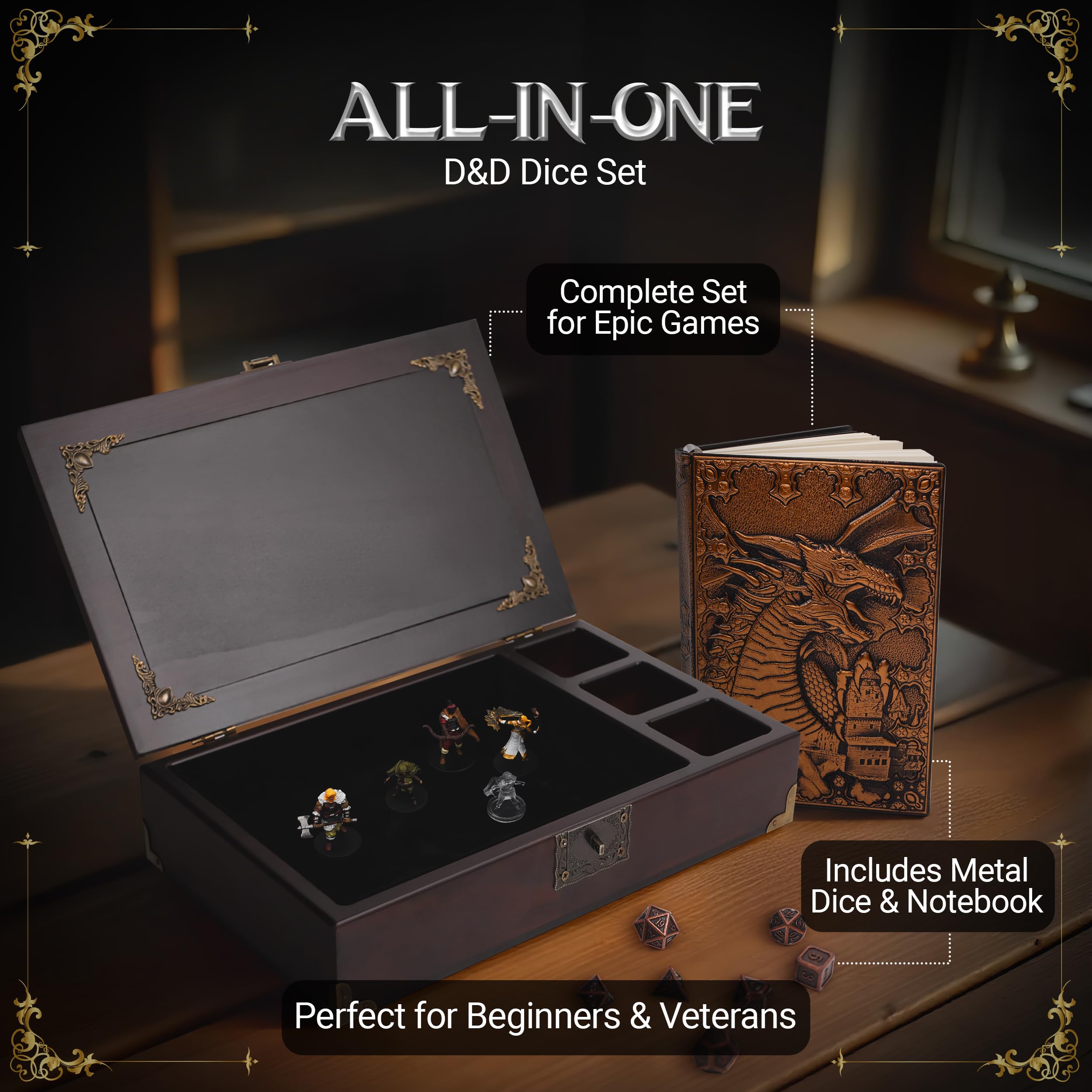 HORNATE DND dice box metal-stand holds a zinc alloy set safely