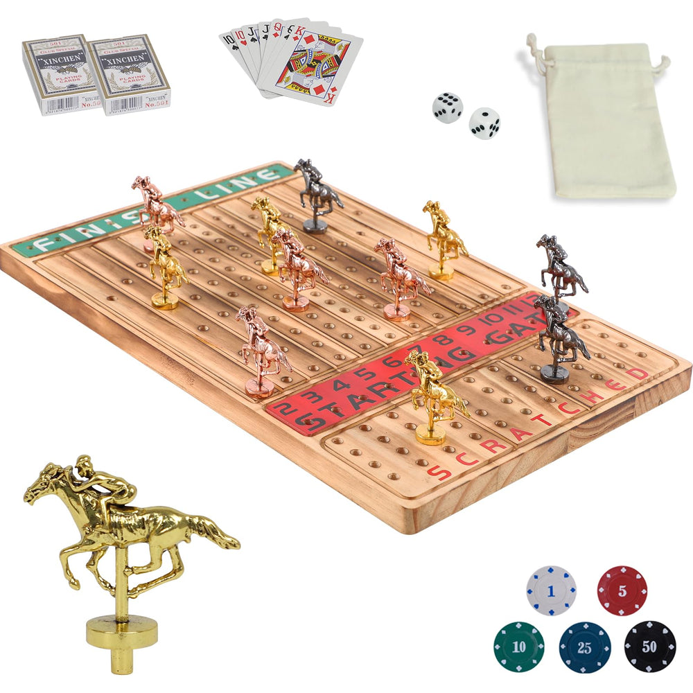 HOROW horse racing board shows solid wood craftsmanship for durable family game nights.