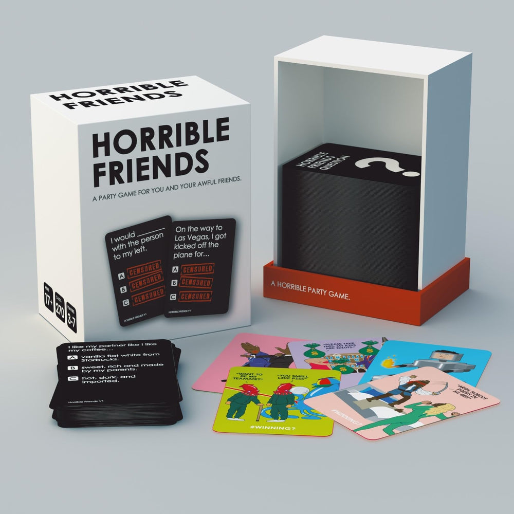 HORRIBLE FRIENDS question-reading moment with simple, laughter-friendly gameplay.