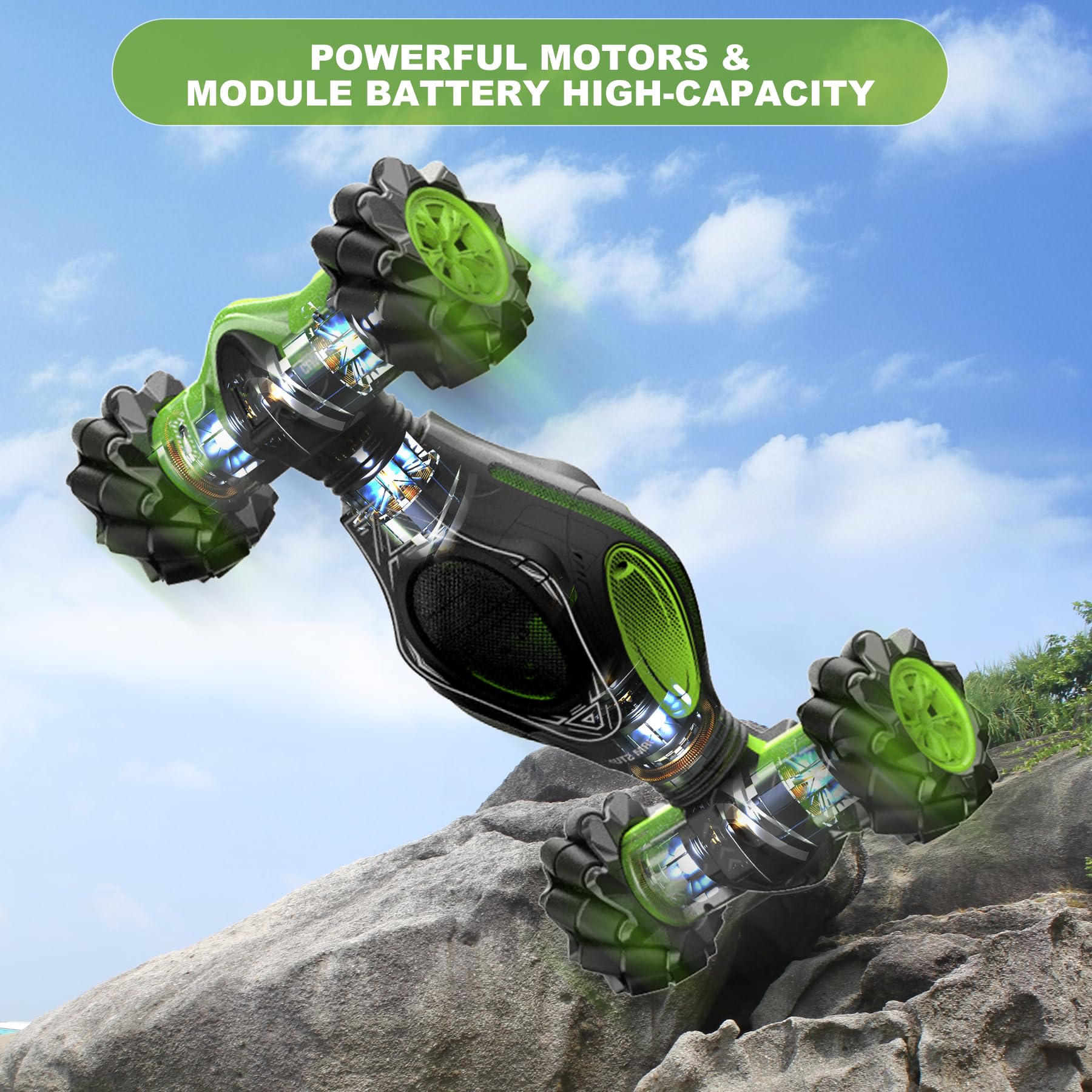 HOSHIPLAY 1:12 gesture-sensing RC stunt car transforming double-sided design in action.