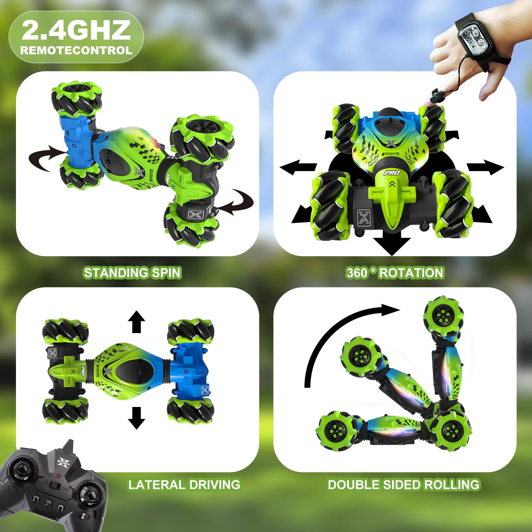 HOSHIPLAY Gesture RC Car LED lights glow during night play for immersive racing.
