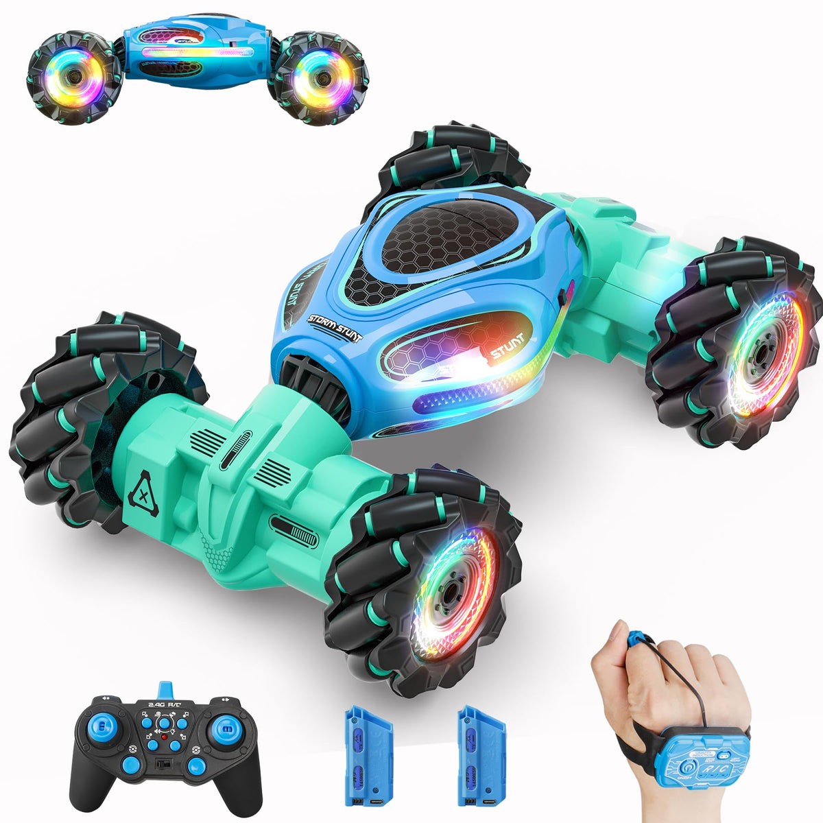 HOSHIPLAY Gesture RC Car top view with LED lights for dynamic action.