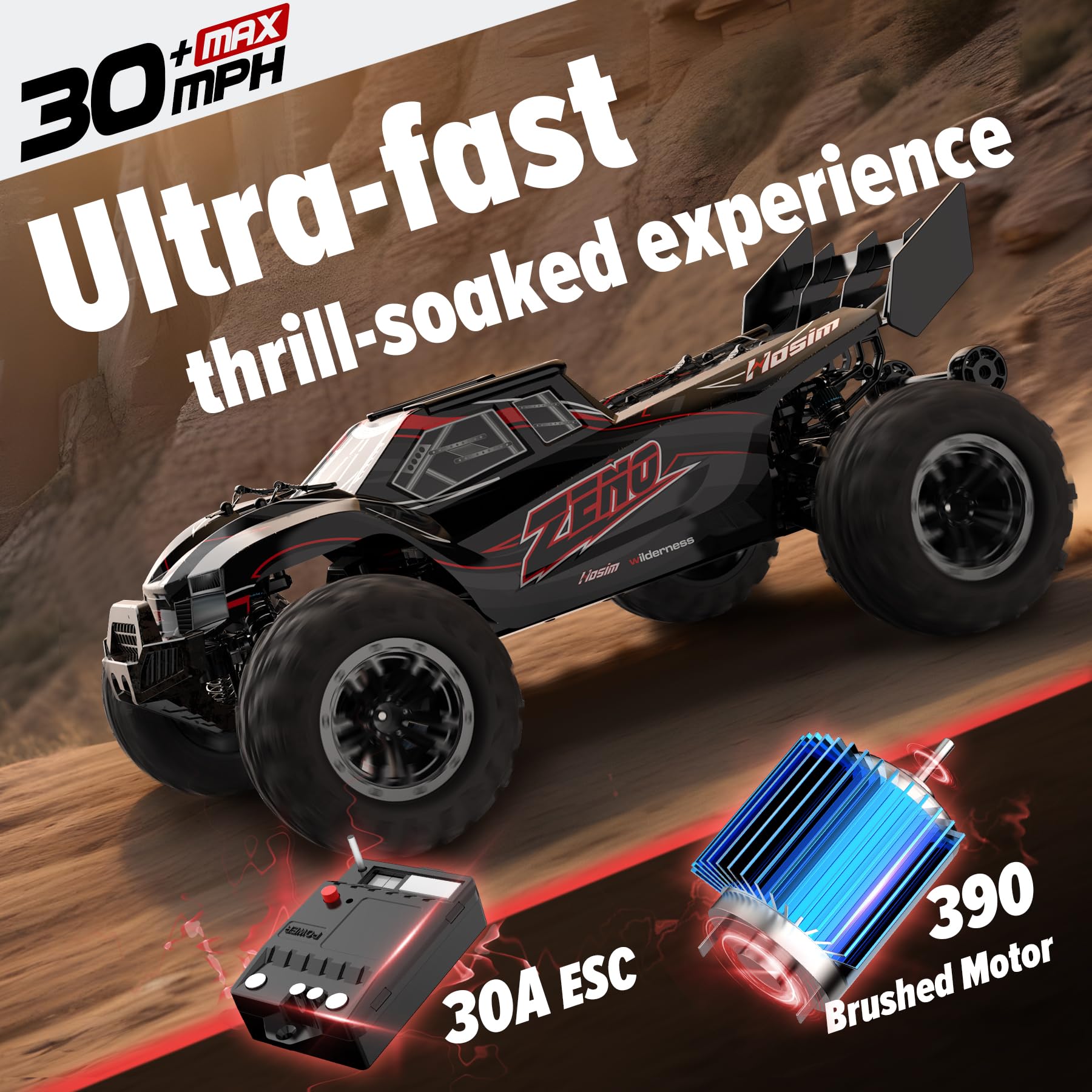 Hosim 1/10 RC car side view highlighting a durable chassis for stability.