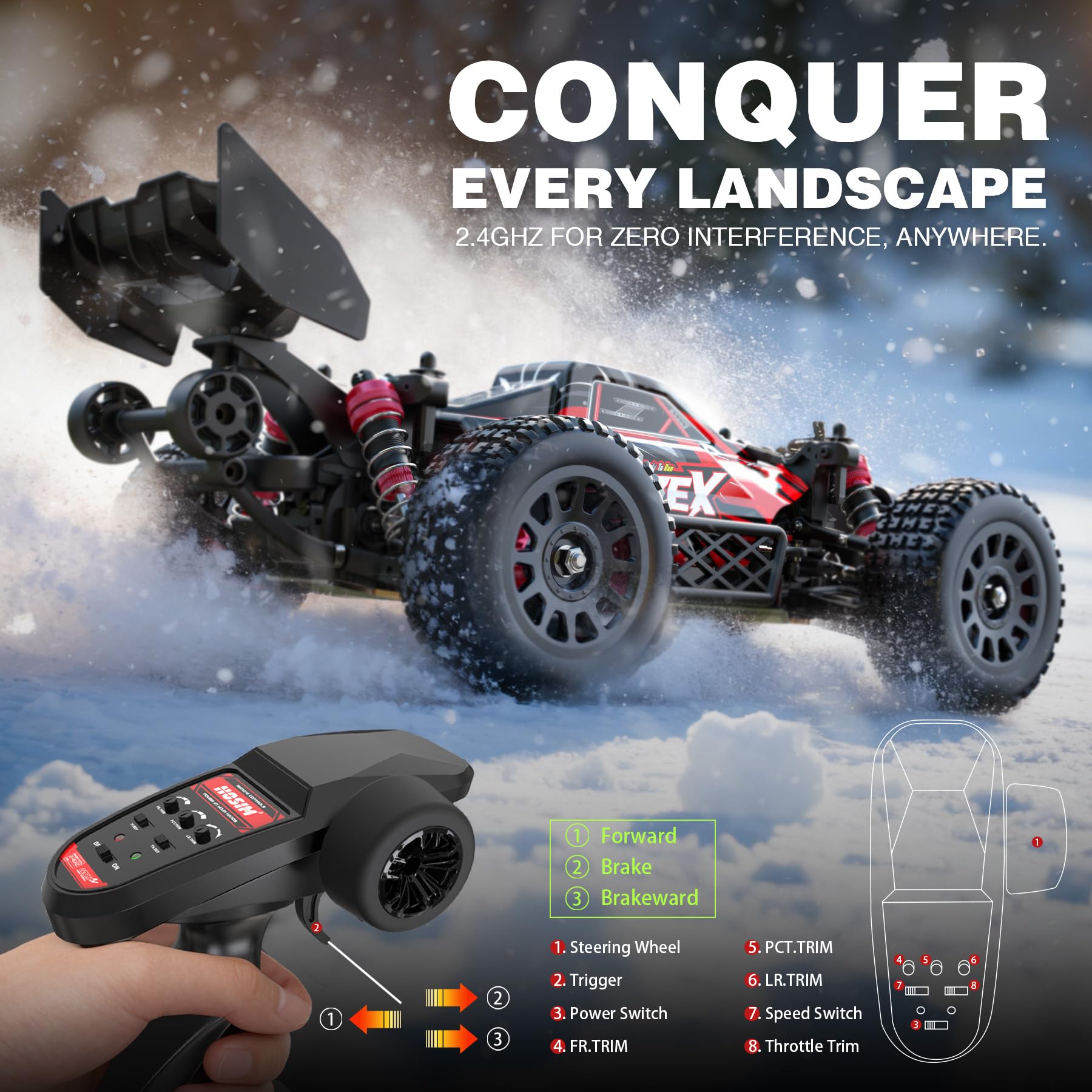 Hosim Brushless RC Buggy 4x4 off-road tires conquer sand and snow.