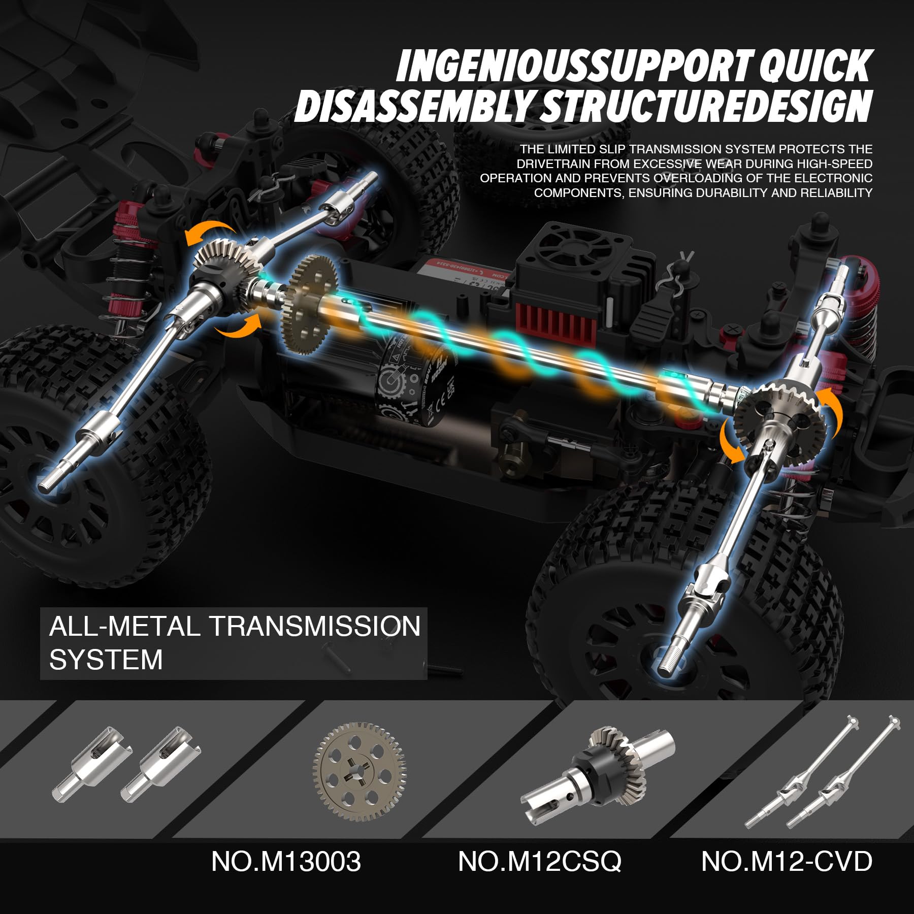 Hosim Brushless RC Buggy LED headlights for night driving realism.