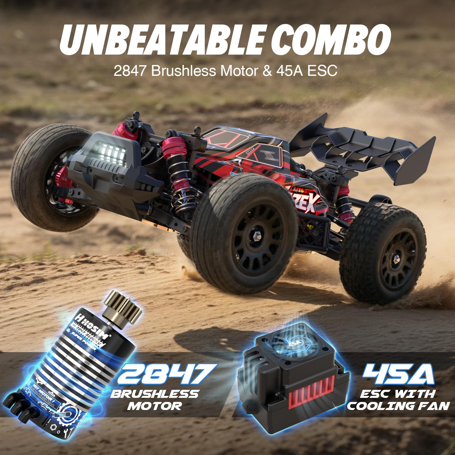 Hosim Brushless RC Buggy rear view showing rugged drivetrain for tough terrain.
