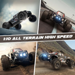 Hosim RC car in all-terrain setting for splashy puddles and grass tests.