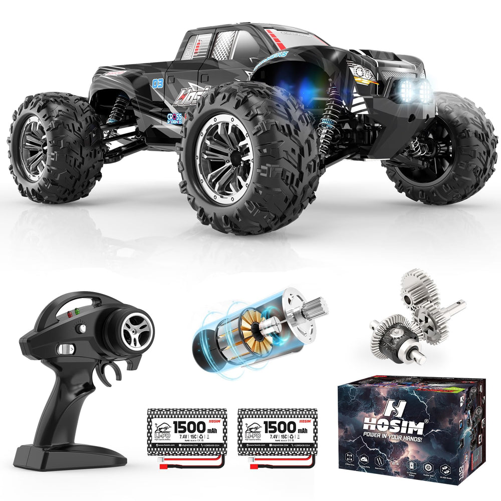 Hosim RC car 1:10 scale with LED headlights for thrilling night play.