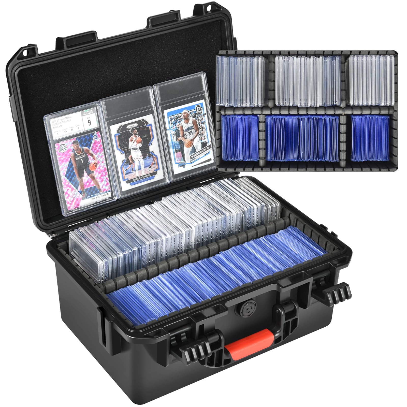 HOSOCASE sports card storage box displaying 300+ slabs neatly organized for quick access.